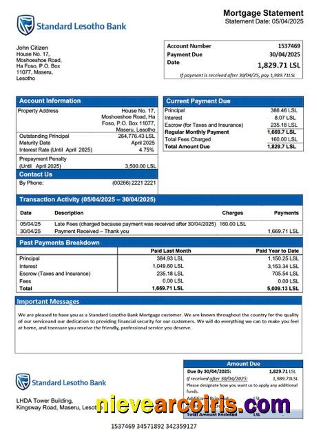 Lesotho Standard Lesotho Bank mortgage statement Word and PDF template